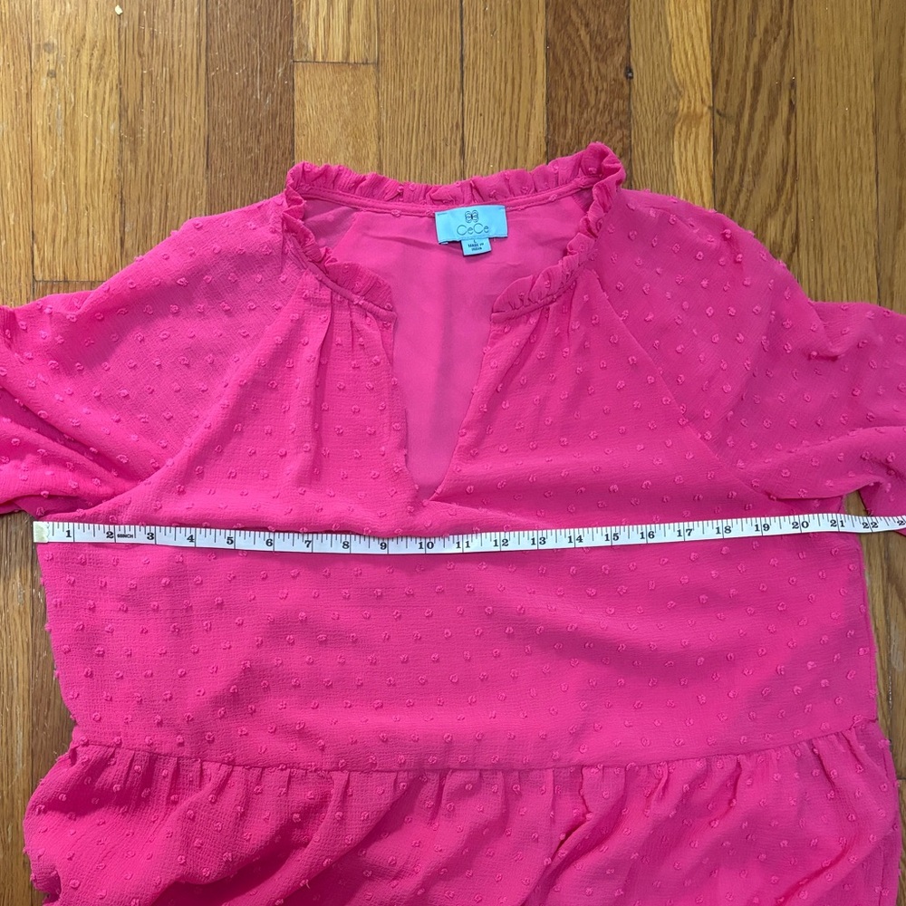 CeCe Hot Pink Clip Dot Babydoll Dress L | Long Sleeve Balloon Sleeve - Picture 9 of 9